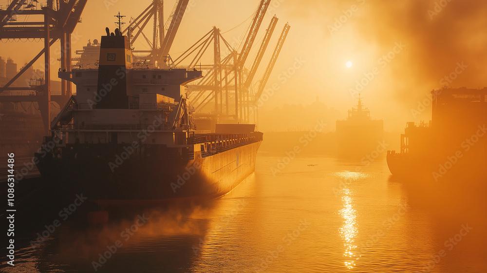 Fototapeta premium Golden Sunrise Cargo Ship at Port Industrial Harbor Scene
