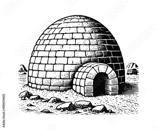 igloo engraving black and white outline