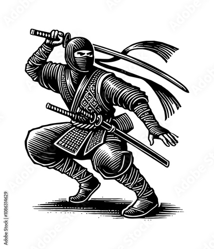 ninja engraving black and white outline