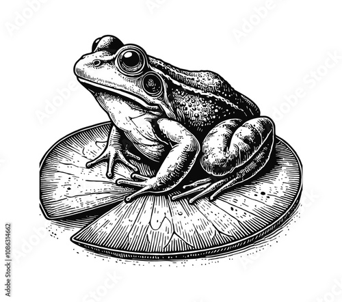 frog sitting leaf engraving black and white outline