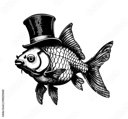 gold fish top hat engraving black and white outline