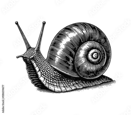 snail engraving black and white outline