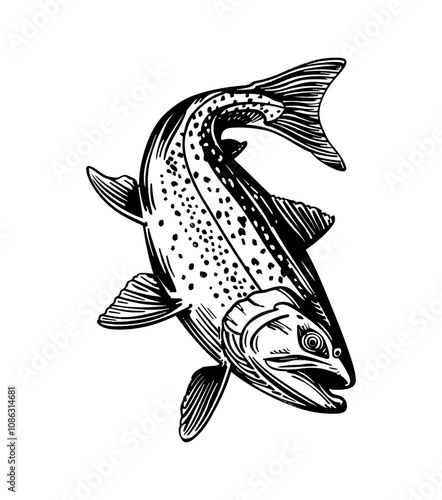 rainbow trout fish engraving black and white outline