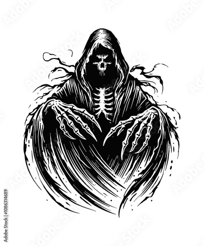 hooded ghost skull engraving black and white outline