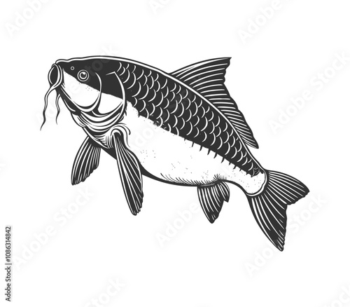carp fish engraving black and white outline