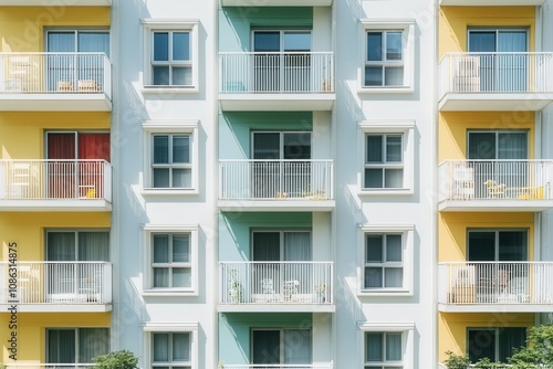 Modern apartment building facade with colorful balconies.