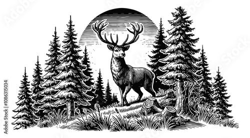 deer with antlers in a forest sun moon engraving black and white outline