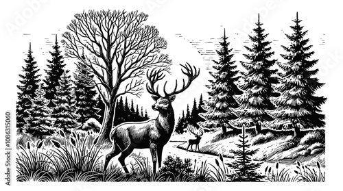 deer with antlers in a forest sun moon engraving black and white outline