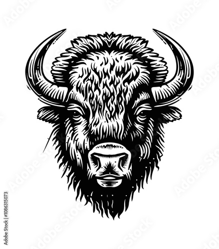 bison head engraving black and white outline
