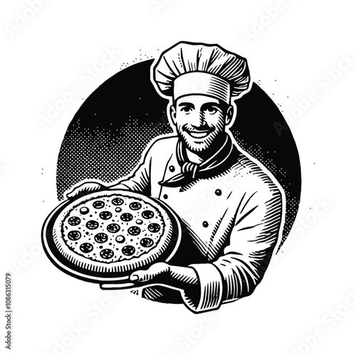 chef holding pizza engraving black and white outline