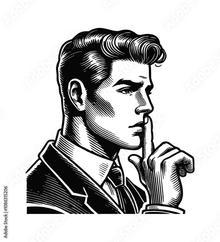 retro man finger silence pose engraving black and white outline