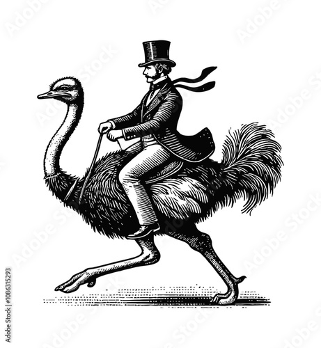 man in a top hat riding an ostrich engraving black and white outline