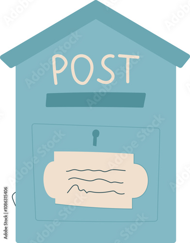 Flat postbox icon for mail delivery with a note and envelope. Concept of message, letter, and correspondence. Creative visual style, suitable for stationery or holiday invitations.