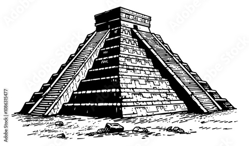 mayan pyramid engraving black and white outline