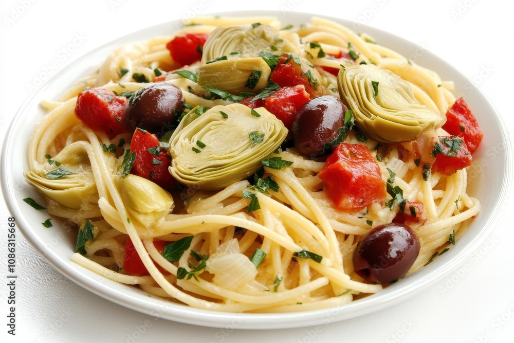 Artistic Bowl of Pasta with Artichokes and Olives Artistic Bowl of Pasta with Artichokes and Olives