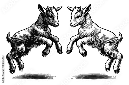 two baby goats jumping black and white engraving black and white outline