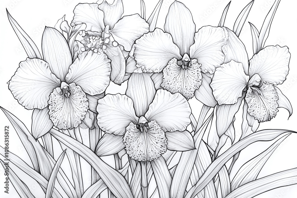 Fototapeta premium Coloring page of wild orchid garden with morning dew.