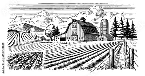 barn landscape engraving black and white outline