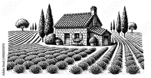 lavender field engraving black and white outline