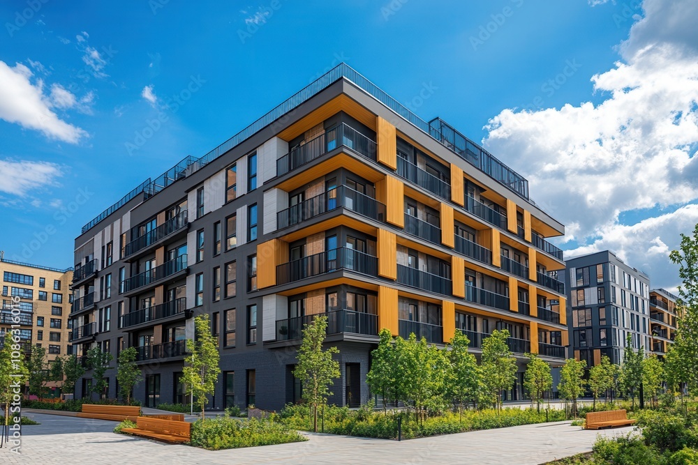 Modern apartment building with landscaped courtyard. Modern apartment building with landscaped courtyard.