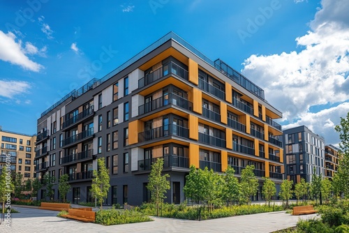 Modern apartment building with landscaped courtyard.