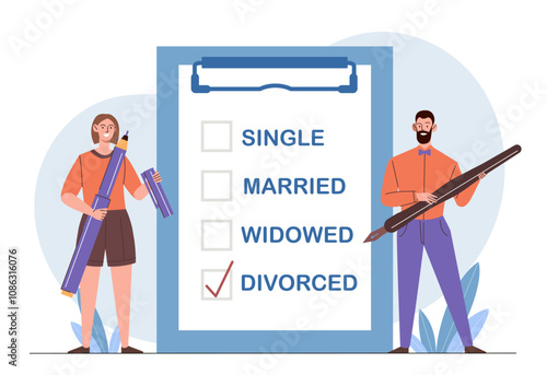 Divorced marital status. Man and woman near clipboard with different wedding statuses. Negative feelings and emotions. Frustration and depression. Flat vector illustration isolated on white background