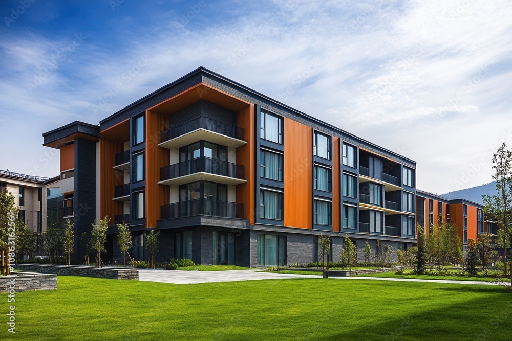 Modern apartment building with orange and grey facade and green lawn. Modern apartment building with orange and grey facade and green lawn.