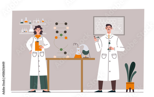 Doctors study DNA. Man and woman in medical uniforms near table with flask of chemical reagents. Scientific biochemical research in laboratory. Flat vector illustration isolated on white background