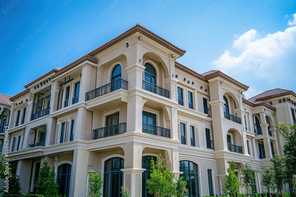 Modern beige building with arched windows and balconies. Modern beige building with arched windows and balconies.