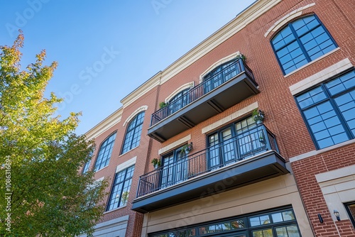 Modern brick apartment building with balconies.