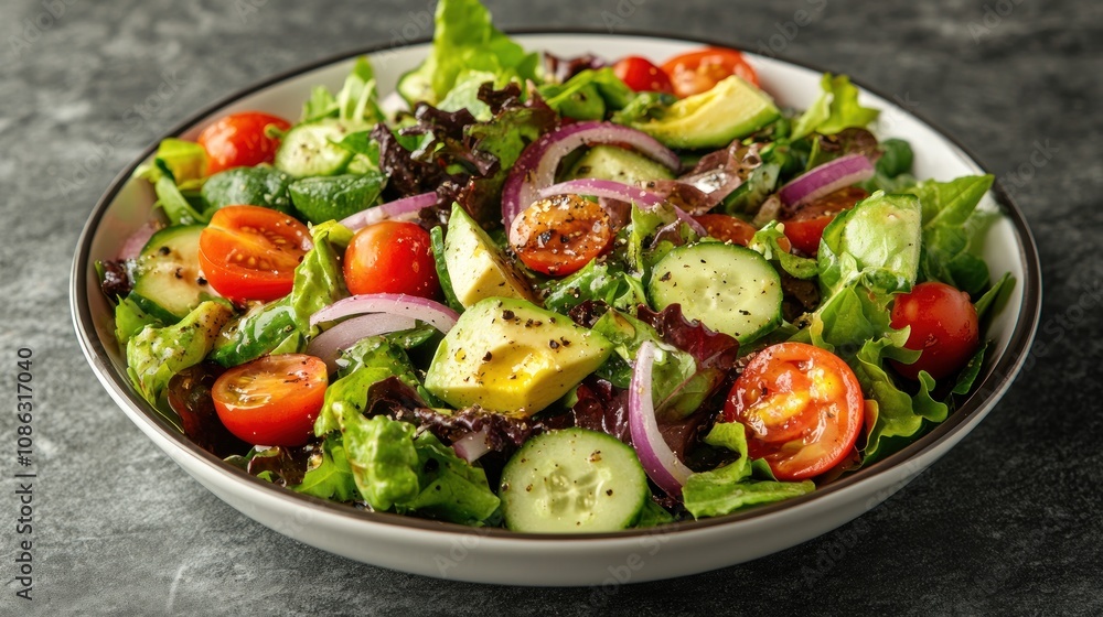 A bowl of fresh salad with lettuce, tomatoes, avocado, cucumber and red onion. A bowl of fresh salad with lettuce, tomatoes, avocado, cucumber and red onion.