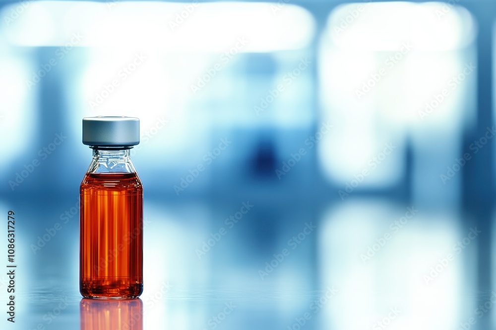 Glass Bottle with Orange Liquid on Blurred Background Glass Bottle with Orange Liquid on Blurred Background