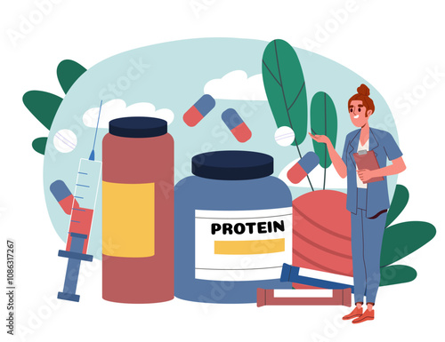 Doctor with protein. Woman in medical uniform near pills and medicines. Pharmaceutical therapy. Healthcare and medicine, diagnosis. Girl with supplements. Flat vector illustration