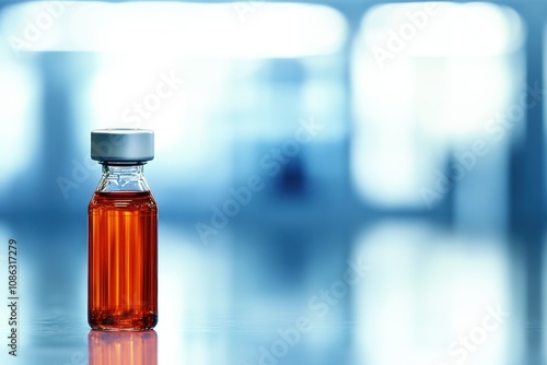 Glass Bottle with Orange Liquid on Blurred Background