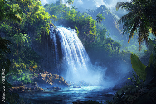 Illustration of tropical waterfall in lush rainforest, professional post-processing of water movement and mist. photo