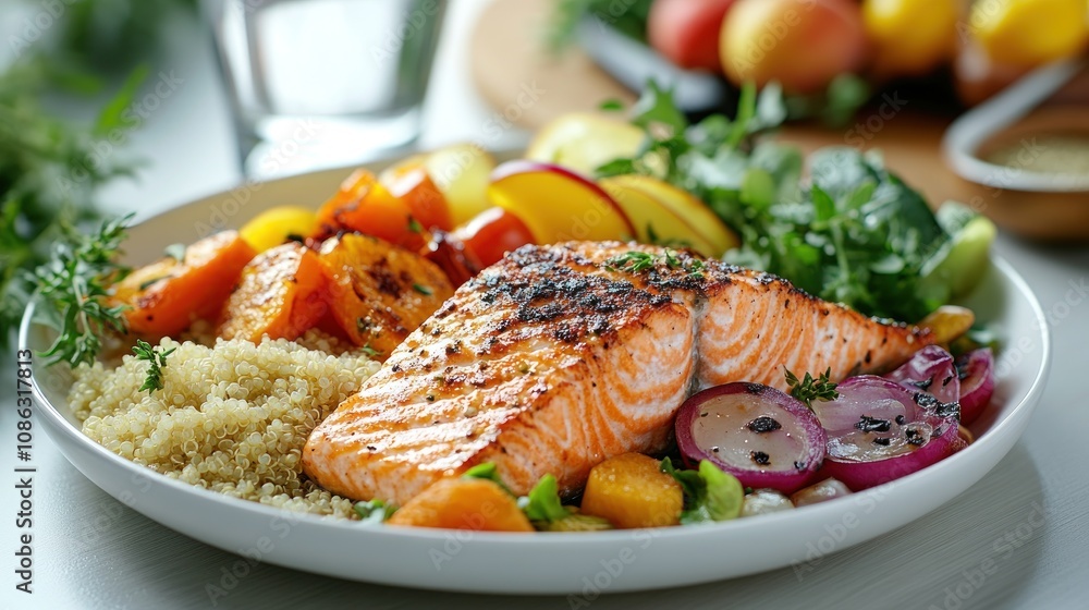 Here's a description and keywords for your image.. Grilled salmon with quinoa, roasted vegetables, and salad. Here's a description and keywords for your image.. Grilled salmon with quinoa, roasted vegetables, and salad.