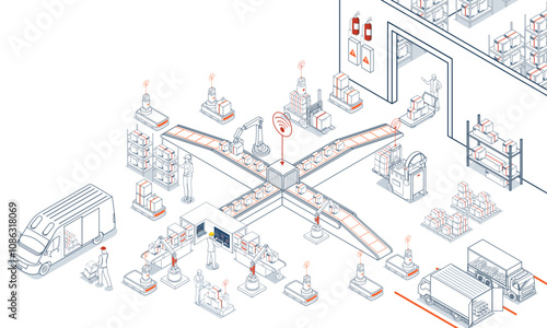 Logistics Warehouse Work Process Concept with Transportation operation service, Industrial Internet of Things and Autonomous Robot. Vector illustration EPS 10