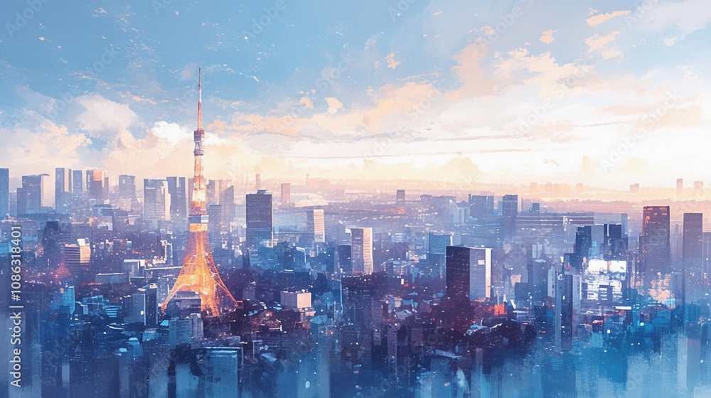 Obraz premium 東京の都市景観の水彩画4