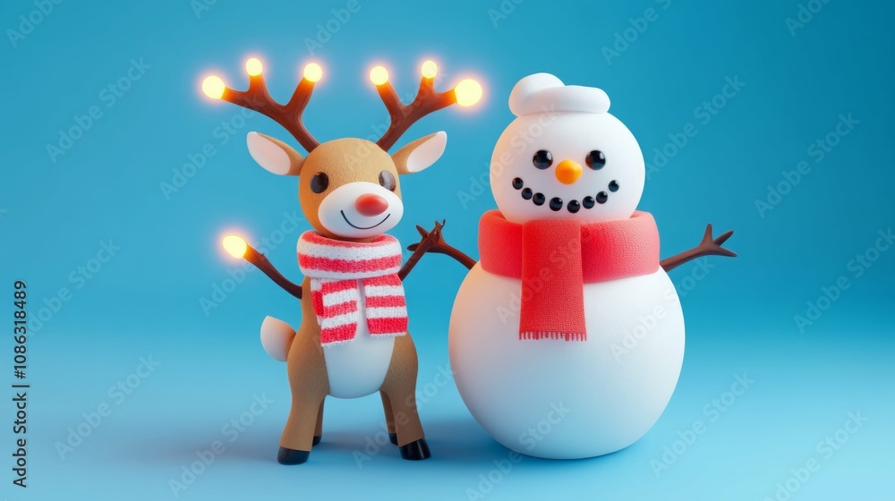 Cheerful snowman and reindeer in winter wonderland. Cheerful snowman and reindeer in winter wonderland.