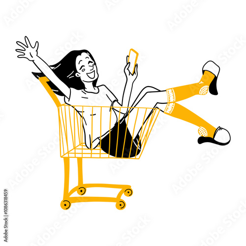 Happy smiling girl in shopping cart. Cheerful young woman online shopping. Gift purchase. Ordering supermarket goods at discounted price. Cartoon hand drawing vector illustration isolated on white