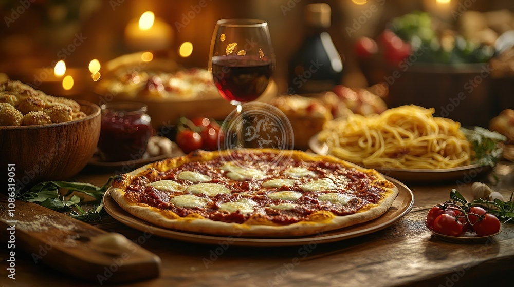 A rustic wooden table set for a romantic dinner with a delicious pizza, pasta, wine, and candlelight. A rustic wooden table set for a romantic dinner with a delicious pizza, pasta, wine, and candlelight.