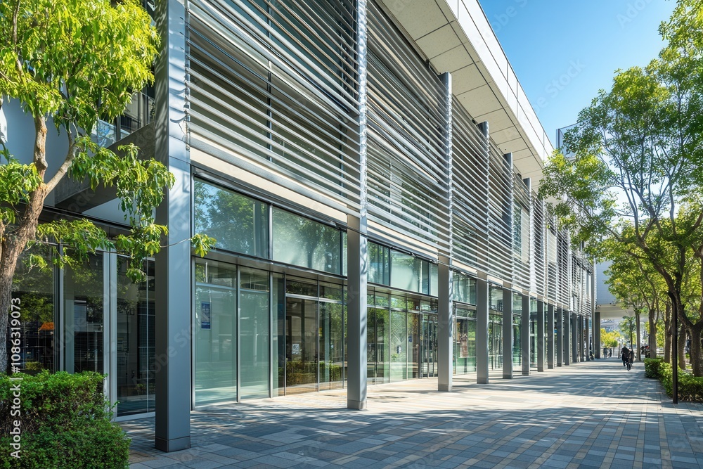 Modern commercial building with glass storefront and aluminum louvers on a sunny day. Modern commercial building with glass storefront and aluminum louvers on a sunny day.