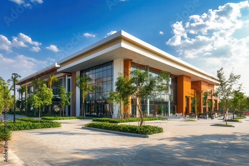 Modern commercial building with glass facade and green landscaping. photo