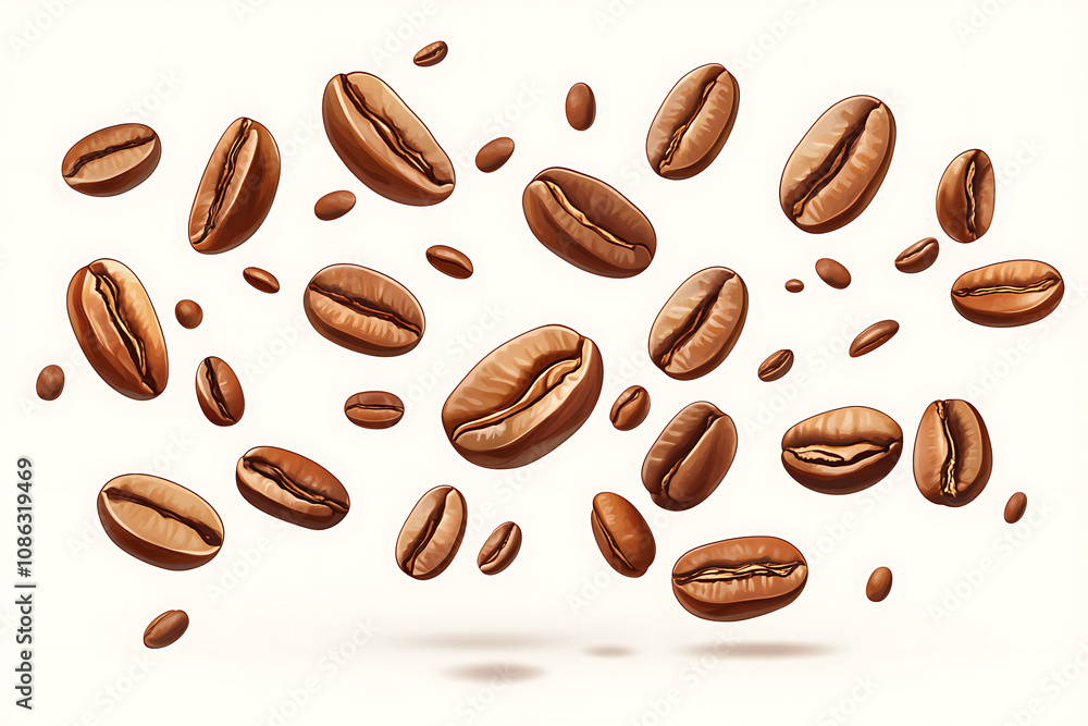 A collection of floating coffee beans against a light background. A collection of floating coffee beans against a light background.