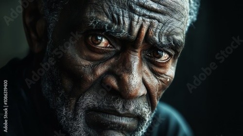 Portrait of Resilience: Close-Up Photo of Weathered Faced Elderly Homeless Man with Deep Wrinkles and Gritty Realism