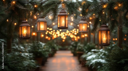 Festive indoor winter garden with hanging lanterns, evergreen branches, and string lights creating a warm, magical atmosphere