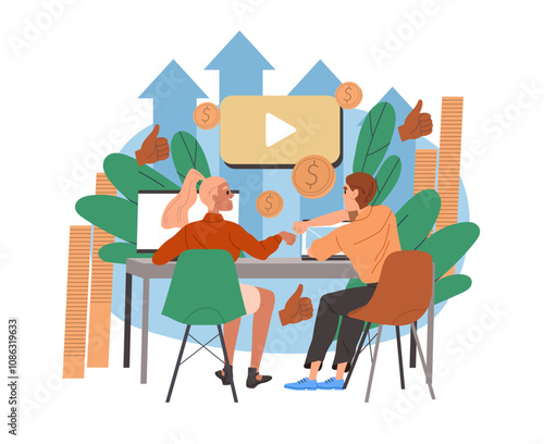 Earnings on video. Video bloggers sitting at desk with computer. Earning money on Internet. Talented authors create interesting content. Flat vector illustration isolated on white background