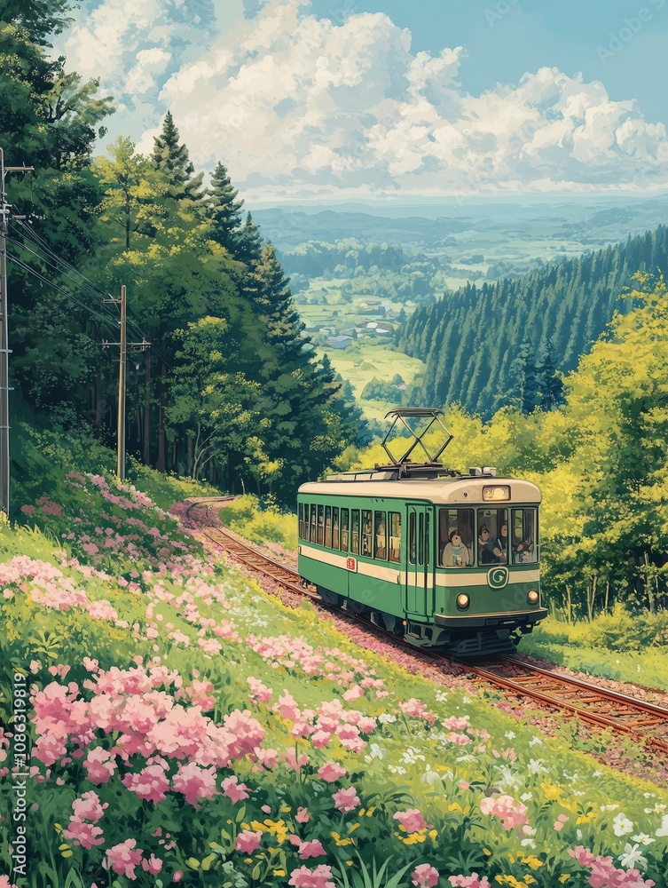 Naklejka premium green and white tram train, green trees, pink flowers, forests, mountains