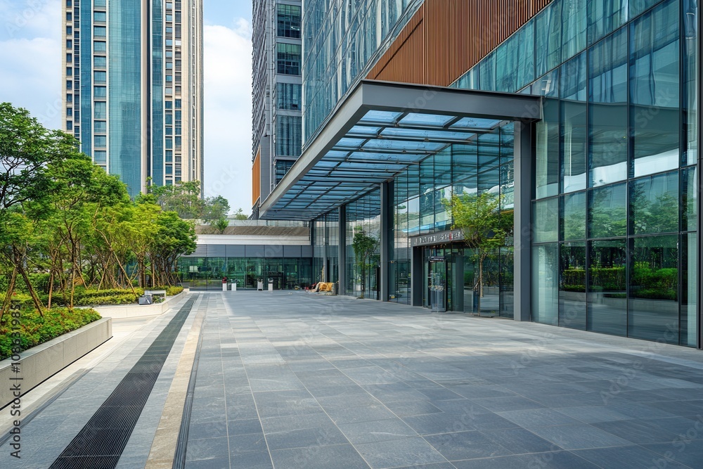 Modern glass building entrance with a canopy and paved walkway. Modern glass building entrance with a canopy and paved walkway.
