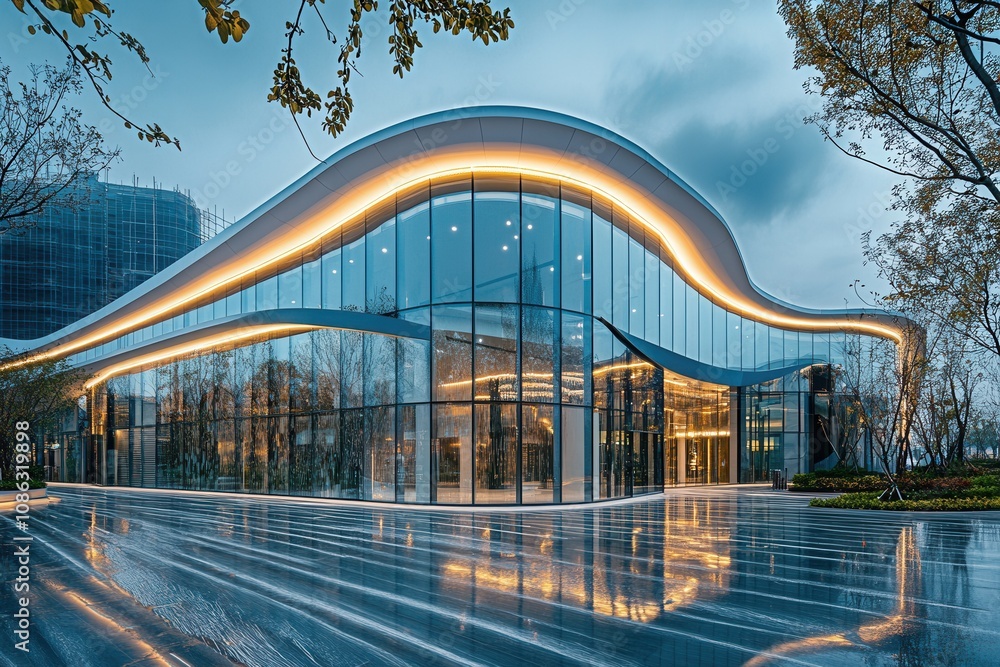 Fototapeta premium Modern glass building with curved design and glowing lights.